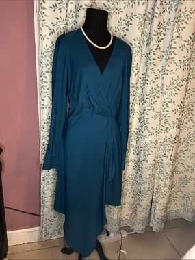 Parker Teal Wrap Midi Dress with Long Sleeves
